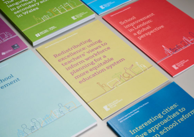 Reports with coloured covers arranged in a grid. Pale blue - Rapid School Improvement; Yellow - redistributing excellence: using teachers' views to inform workforce planning for a more equitable education system. Blue - interesting cities: Five approaches to school reform