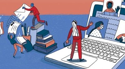 cartoon image of teachers rushing between computers , books and letters. Images on computer - people with masks