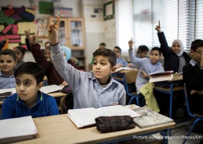 Children with their hands up in class in middle east school