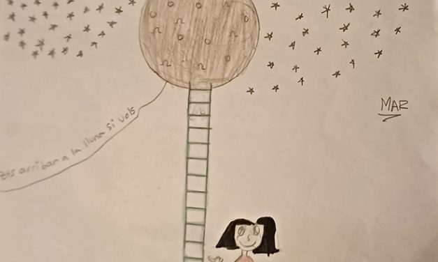 Drawing of a girl with a ladder reaching to the moon. Caption is You can reach the moon if you want"