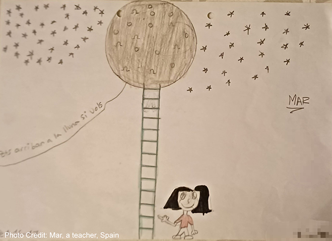 Drawing of a girl with a ladder reaching to the moon. Caption is You can reach the moon if you want"