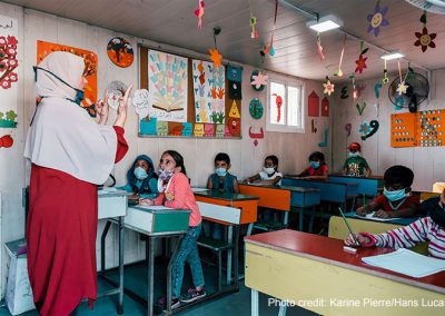 Teacher at the front of a class holding up her fingers to a class of young students at Al Amal School, set up by the refugee-led organisation Multi-Aid Programs in a refugee camp in Lebanon's Bekaa Valley, 20 October 2020.