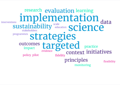 Word cloud on implementation science with the largest words being: implementation, science, strategies and targeted, followed by evaluation and sustainability. The next level of words include data, outcomes, context, initiatives and principles.