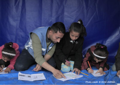 UNRWA staff provides psychosocial support to displaced girls through recreational activities in Al Mawasi area, west of Khan Younis, Middle Areas, Gaza.