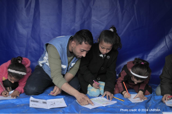 UNRWA staff provides psychosocial support to displaced girls through recreational activities in Al Mawasi area, west of Khan Younis, Middle Areas, Gaza.