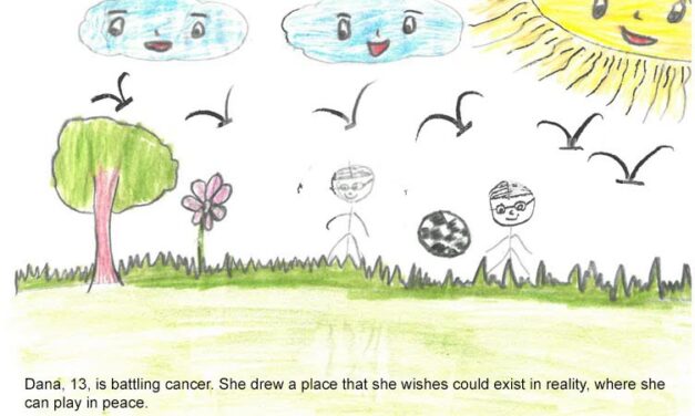 A picture drawn by a child - Dana, with trees and children with clouds with smiley faces, birds and sunshine . The illustration is of where she would like to play in peace. "Dana, 13, is battling cancer. She drew a place that she wishes could exist in reality, where she can play in peace"