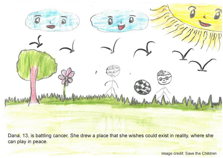 A picture drawn by a child - Dana, with trees and children with clouds with smiley faces, birds and sunshine . The illustration is of where she would like to play in peace. "Dana, 13, is battling cancer. She drew a place that she wishes could exist in reality, where she can play in peace"