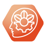 Icon for Skills and knowledge theme at UKFIET Conference 2025. Orange background with white head outliine and mechanism within