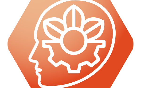 Icon for Skills and knowledge theme at UKFIET Conference 2025. Orange background with white head outliine and mechanism within