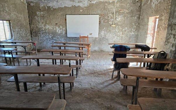 Classroom, Kissan Inter College, Mathura (Uttar Pradesh), India, December 2024Empty desks and chairs in a class, with a a few school bags on chairs