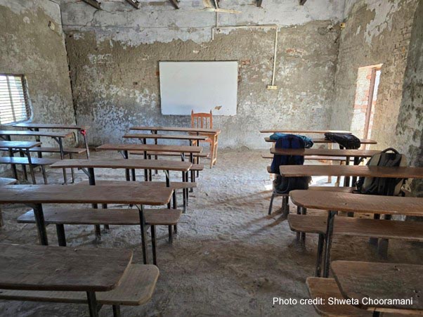 Classroom, Kissan Inter College, Mathura (Uttar Pradesh), India, December 2024Empty desks and chairs in a class, with a a few school bags on chairs