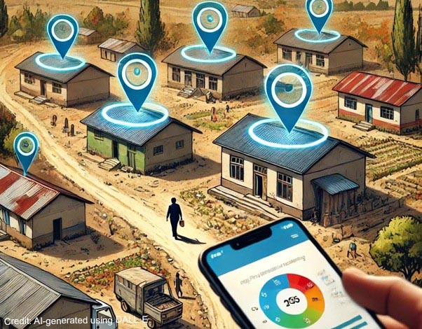 An app on a phone connects to households in a village.