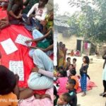 Children sit around in a circle at a learning camp observed by the project team.