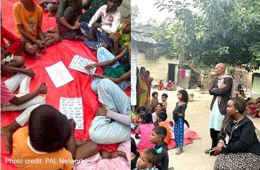 Children sit around in a circle at a learning camp observed by the project team.